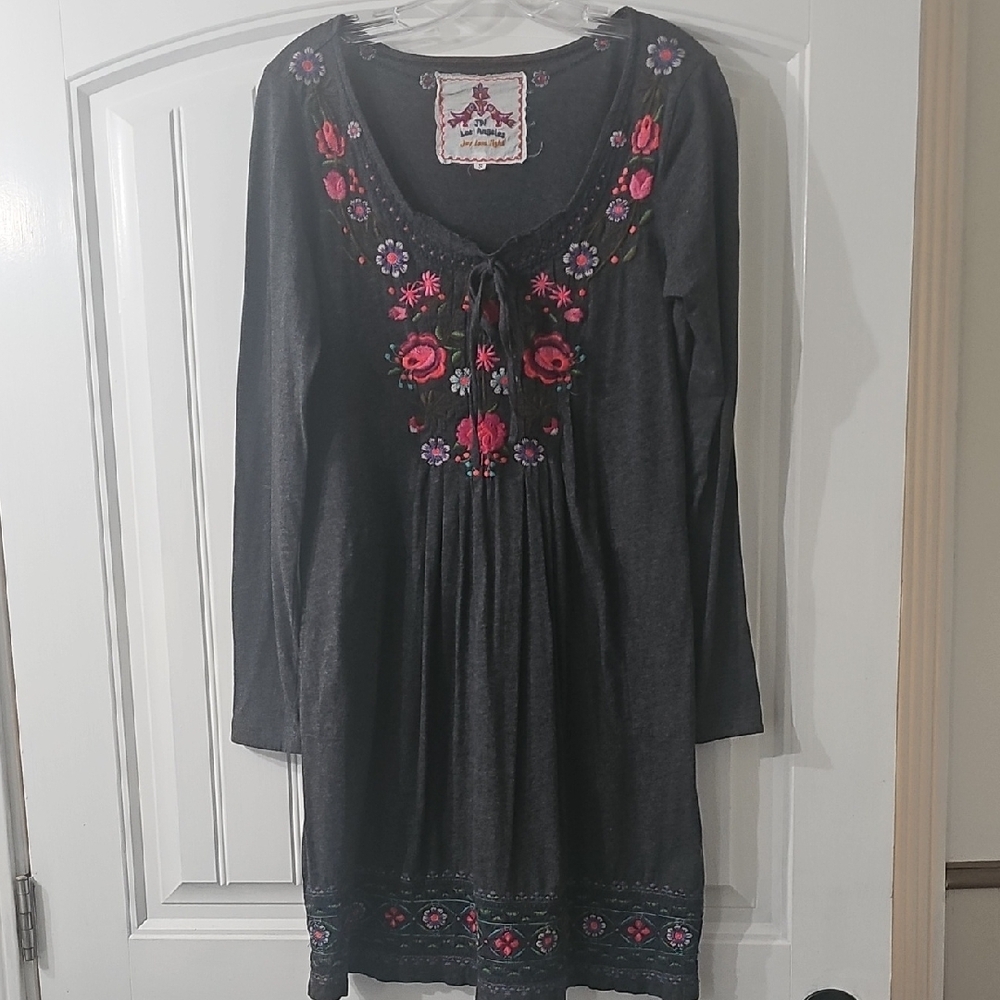 Johnny Was Charcoal Dress with Pink Floral Embroidery